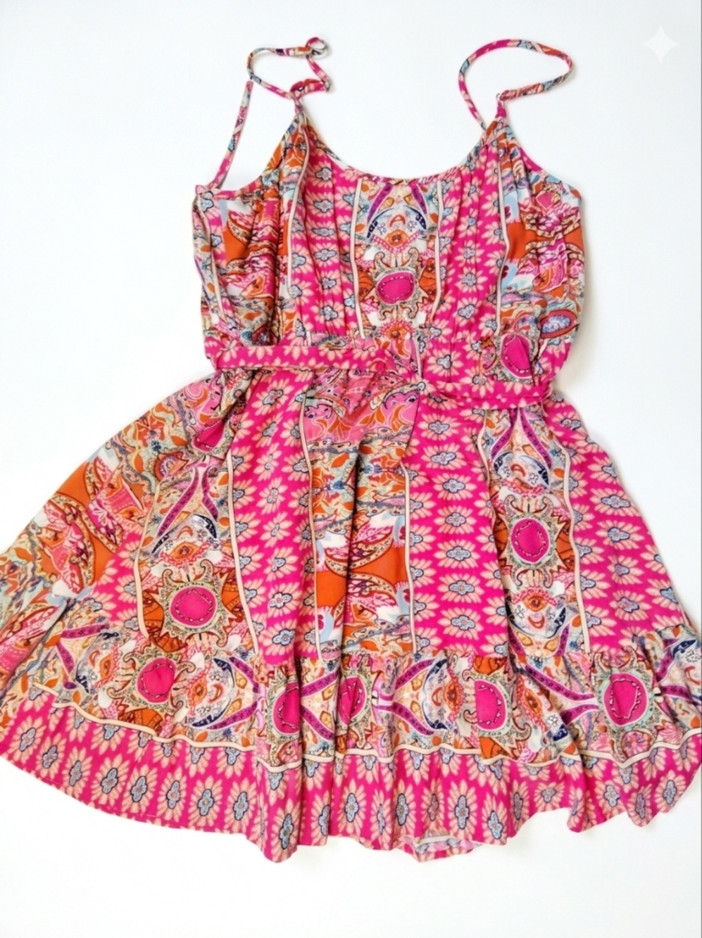 Elings Vibrant Pink & Orange Paisley Boho Dress Large